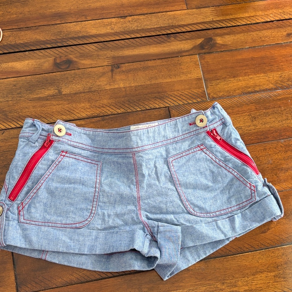 LaRok Light Blue Denim-Style Shorts with Red Accents